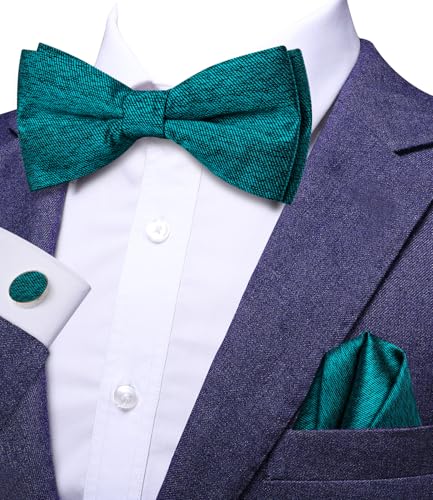 Image of Hi-Tie Teal Men Bowtie Lapel Pin Sets Pre-Tied Handkerchief Cufflinks Mens Bowtie Sets for Wedding Formal Party