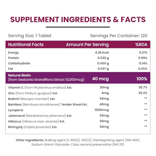 Image of Vlado's Himalayan Organics Biotin Tablets for Hair Growth -10000mcg Biotin Supplement - With Brahmi, Jatamansi, Bhringraj, Hibiscus, Lycopene, Bamoo Extract & Vitamin C with Zinc I Hair Supplements for Women & Men - 120 Tablets