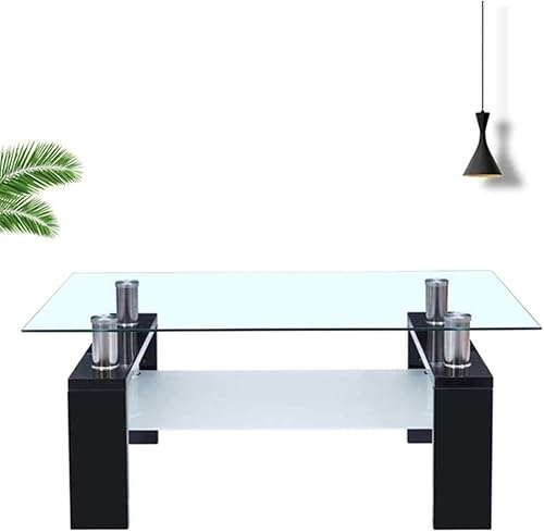 Miniatura 4 de Mesa de centro rectangular de cristal, moderna mesa de centro lateral con estante inferior, patas de madera para muebles de sala de estar (negro)