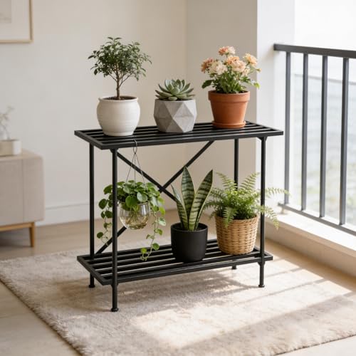 Image of Mighty Home 2-Tier Metal Plant Stand, Functional Balcony & Indoor Flower Pot Holder, Sturdy, Space-Saving Design, Rust-Resistant, Easy Assembly, Efficient Storage and Display