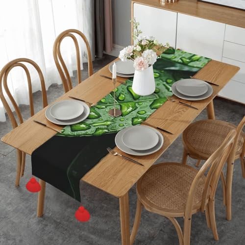 Chemin de table feuilles vertes 152cm en coton lin rustique avec pompons - 2