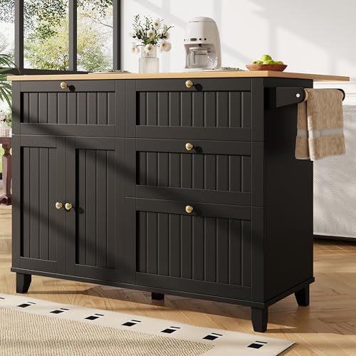 Modern Kitchen Island - Mesa de comedor multifuncional con armarios de almacenamiento de grano de madera, armarios ajustables, color negro, 90 x 130 cm, perfecta para optimizar el espacio y decoración