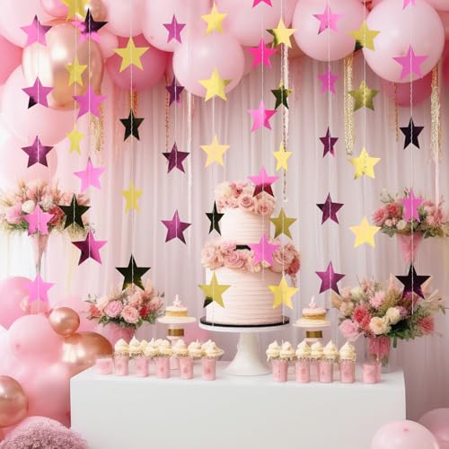 Image of Patelai 78 Feet Glitter Star Garland Banner 2026 Party Decoration Double Side Star Hanging String Streamer Paper Twinkle for Graduation Wedding Birthday (Gold and Pink)