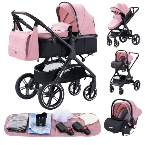 GLOKID Carrito bebé 3 en 1, Carro, Carrito bebé 3 Piezas, Silla Paseo, Sistema de viaje, Plegable, neumáticos de caucho, Con accesorios, Góndola, Adaptateurs, 25 kg (X1 Rosa)