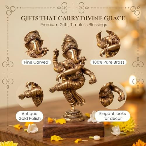 Image of Ekhasa 100% Pure Brass Dancing Ganesha Idol (Size: 6.2cm) | Pital Ganesh Murti for Pooja Room, Home Decor, Office Desk and Car Dashboard | Vinayagar Statue for Diwali Puja
