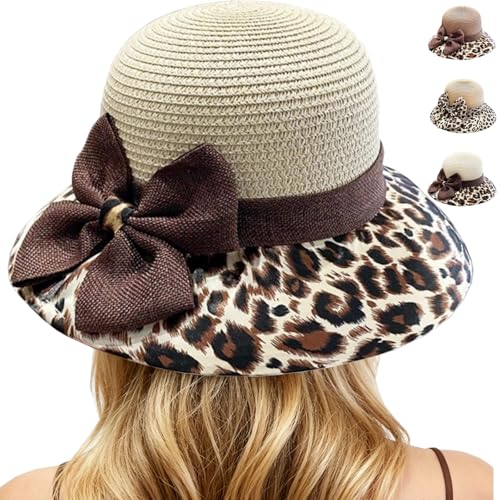 XIEXIESHER Leopardenmuster Strohhut Damen Strohhut Damen Sommer Leoparden Bogen Strohhut Leichter Sonnenhut Faltbar Sonnenhut UPF50+ Strandkappe Strohhut Breite Krempe(Beige)