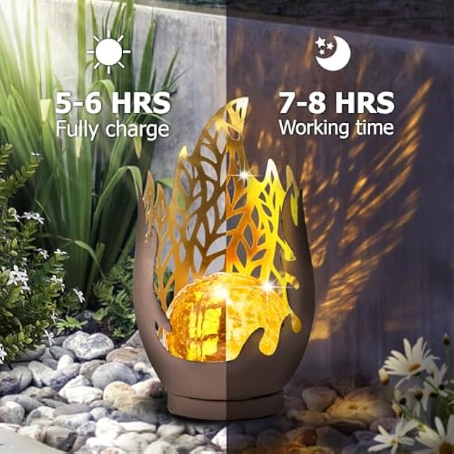 Huaxu Solar Lights Outdoor Decor Waterproof Metal Cracked Glass Globe with Copper Flame Effect, Table Decorations LED Lamp Gift for Garden Lovers Mom Women Patio Lawn Yard Pathway Outside