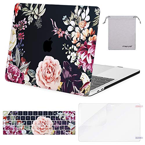 MOSISO Compatible with MacBook Pro 13 inch Case 2019 2018 2017 2016 Release A2159 A1989 A1706 A1708, Plastic Pattern Hard Shell Case&Keyboard Cover Skin&Screen Protector&Storage Bag, Black Rose Leave