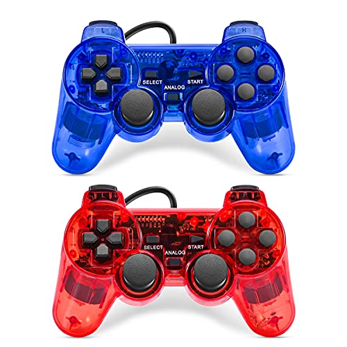 Cipon Wired Controllers Compatible with PS-2 Console, 2 Pack Vibration Gamepad Remote with 2.2M Cable (Red&Blue)