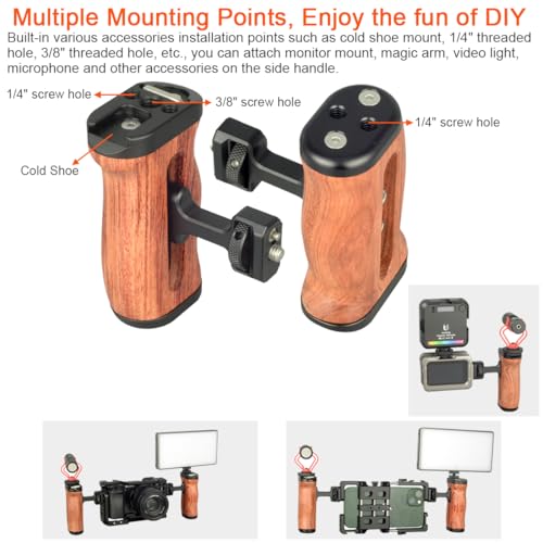 Image of Wooden Camera Cage Side Handle Grip with 1 /4 inch Screw Locating Mount for ARRI, Mini Side Handle for Smartphone Cage Video Rig and Action Camera Cage Compatible with Gopro /Insta360 /DJI Osmo