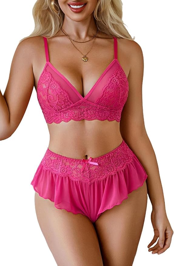 VEXORO Women's Sexy Lace Lingerie Set 2-Piece Sheer Mesh Bralette and Ruffled Panty Babydoll Nightwear Sleepwear-Multicolour-picture-43