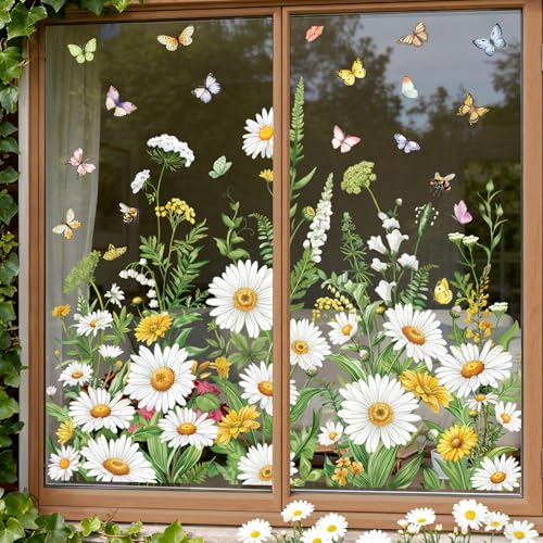 wondever Stickers Fenetre Printemps Marguerite Autocollant Fenêtre Blanche Fleurs Herbes Florales Papillons Anti-Collision Décoration pour Printemps Été...