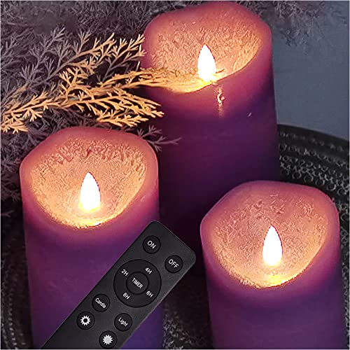 Image of Battery Operated Flameless Led Candles Real Wax Pillar Candles with Remote Timer Electric Flickering Decorative Purple Wax Candle Lights for Halloween Christmas Home Party Decor 3 Pack 3 inchX 4 inch, 5 inch, 6 inch
