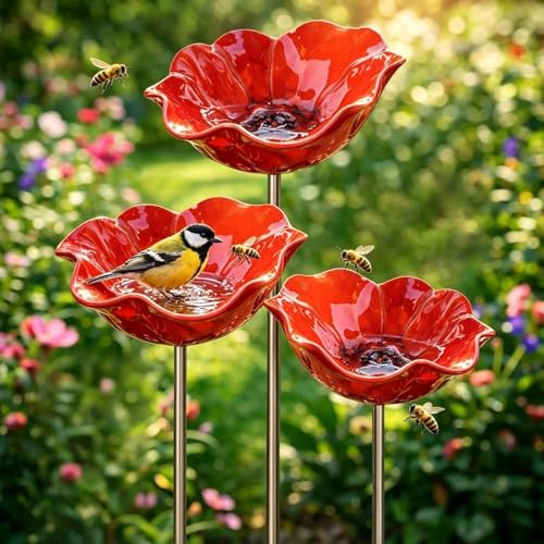 3 Stück Vogeltränke Blume als Gartenstecker Bienenblüten Keramik Tränke Insektentränke Gartendeko Blumenstecker für Rasen Beete und VögelKeramik