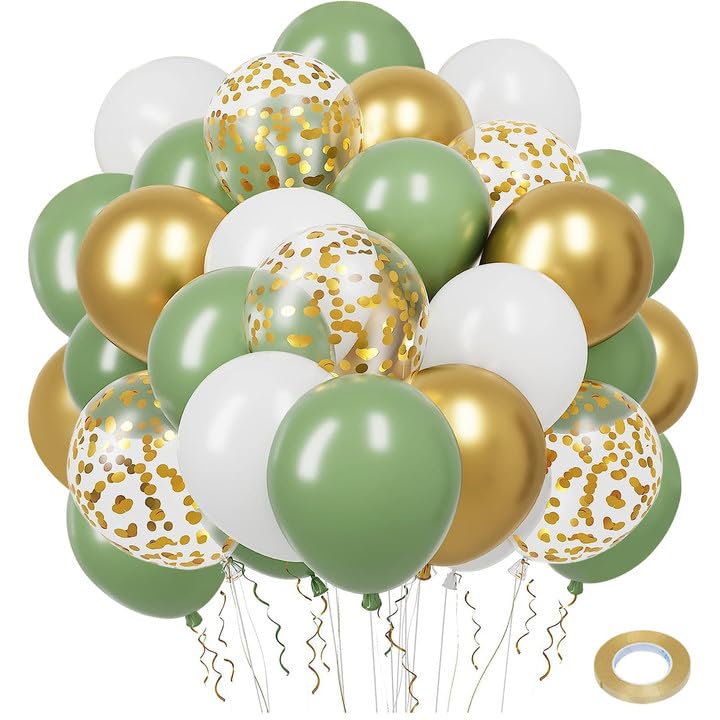 Ballons Anniversaire Vert Or,50 Pcs Ballons Rétro Verts Et Or Blanc Confettis Ballon Mariage,Ballon Vert Sauge Pour Décoration Anniversaire,Mariage, Baby Shower Decoration Bapteme Garcon, 12 Pouces
