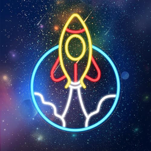 Image of CoolGift Mart Rocket Neon Sign, LED Light Room Decor, USB Powered Light Up Space Element Universe Theme Decoration, for Bedroom Living Room Gaming Room Man Cave Home Party Birthday Gift for Teen Boys