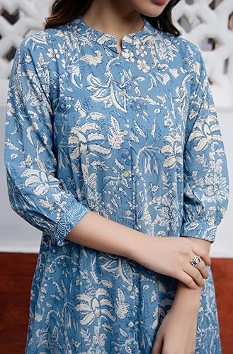 Image of Janasya Women's Pure Cotton Floral Printed A-Line Tunic