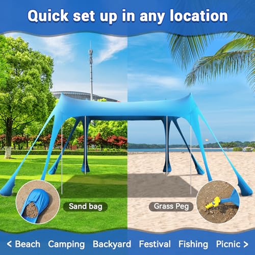 Beach Tent Sun Shelter,10 x 10FT Beach Canopy Tent Sun Shade with 8 Sandbags & 4 Poles, UPF50+ Beach Tent Canopy with Carrying Bag for Camping Trips, Fishing, Backyard Fun or Picnics Light Blue - Image 5