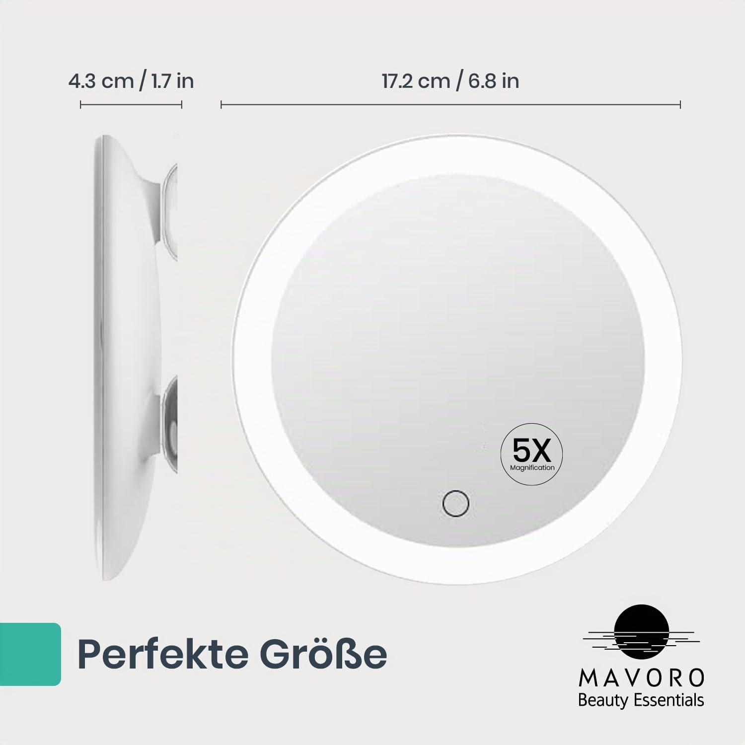 Mavoro 17cm LED Vergrößerungsspiegel mit 3 starken Saugnäpfen | 5X Vergrößerung | Tragbarer beleuchteter Reise Make-up- & Kosmetikspiegel (USB-C wiederaufladbarer integrierter Akku | 5X)
