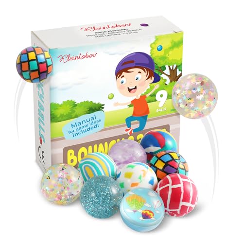 Pelotas saltarinas Kleintober I 9 Pelotas Medianas I Juego para niños de 3 años con Instrucciones, Regalo de cumpleaños I Pelotas saltarinas I Juego de Habilidad I Bolsa de Regalo