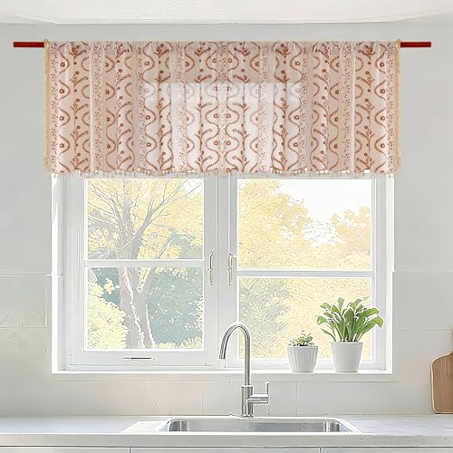 Image of Boho Valance Curtain for Kitchen Window, Terracotta on Beige Farmhouse Short Curtains Floral Tassel Window Valance Light Filtering Rod Pocket 1 Panel 55 inch W x 14 inch L