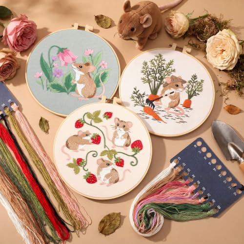 Image of Mindsoft 3 Set Needlepoint Kit for Beginners with Hoop,Garden Mouse | Bamboo Hoop Thread Needles Instructions, Easy Hand Embroidery for Beginners Home Crafts,Pre-stamped Funny Cute Designs