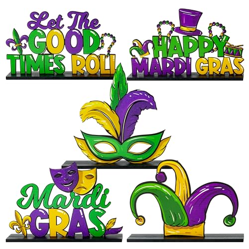 Haooryx Mardi Gras Wooden Centerpieces Decoration - 5Pcs Mardi Gras Carnival Themed Wood Detachable Table Topper Let The Good Times Roll Letter Sign for New Orleans Party Table Decoration