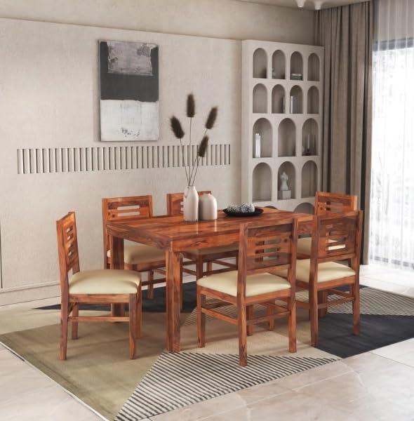 Image of Solid Sheesham Wood Dining Table Set with Chairs | Brown Modern Decorative Dining Set for Home /Office /Dining Room /Hotels | Honey, 6 Seater with Cushioned Chairs