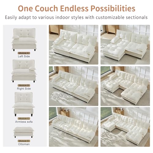Image of 139 inch Sectional Sleeper Sofa with Ottoman, U Shaped Modular Deep Seat Couches for Living Room Apartment, Flexible Module Combination Cloud Sofa with Spring Support, Easy Assembly, White