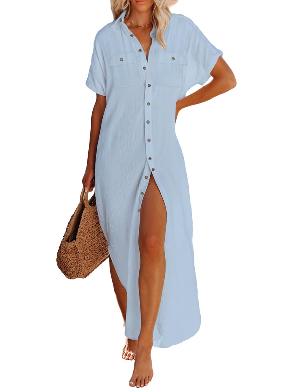 Bsubseach Mujer Vestido Largo de Verano con Botones Kimono Cárdigan de Playa con Manga Corta Cubre Traje de Baño Camisa de Playa