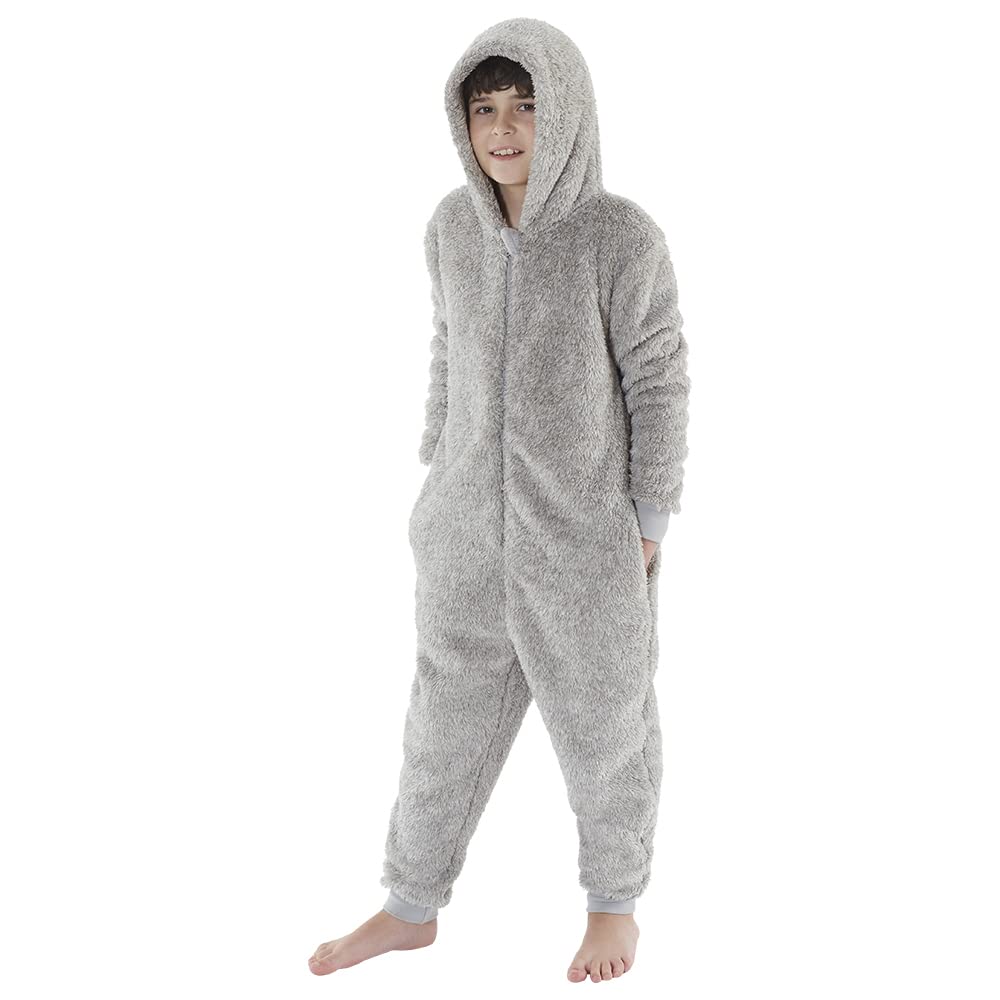 Just Essentials Mens Boys Fleece Onesies Gowns Robes Hooded Jumpsuit UK Seller - Boys Light Grey - 7/8 Years