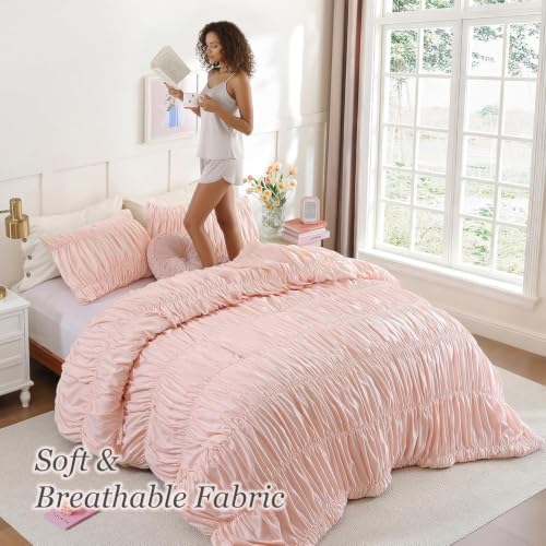 Image of weigelia Ruched Comforter Set Twin Size, 2 Piece Blush Pink Ruffle Bedding Set with 1 Pillowcases, Soft Lightweight Polyester Comforter for Girls Room, Dorm, Boho Bed Set