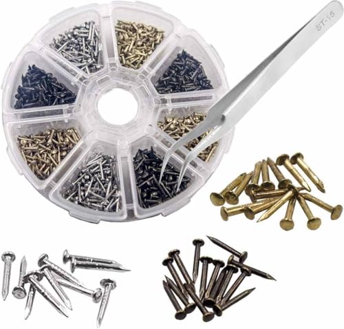 1600 piezas de clavos pequeños de madera de 6mm, 8mm y 10mm en estuche circular con variedad dorada, plateada y bronce para decoración y bricolaje miniatura 6