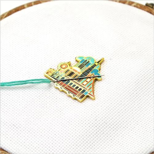 Image of Awesome Pattern Studio Needle Minder Set - San Francisco Magnetic Needle Minder + 2 Needle Threaders + Crane Scissors. Enamel Pin for Cross Stitch, Embroidery and Craft
