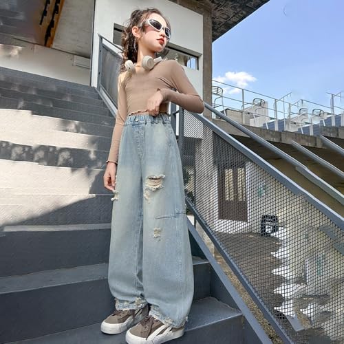 Girls Ripped Jeans Casual Distressed Versatile Straight Denim Pants Vintage Wide Leg Trousers with Pockets3