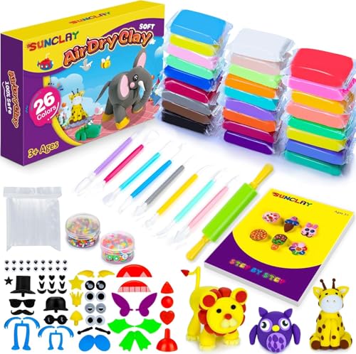 SUNCLAY Argilla da Modellare - 26 Colori Pasta Modellabile Autoindurente con 80 Pagine di Tutorial 14 Accessori Plastilina Regalo Giochi per Bambini Ragazzo Ragazza 3 4 5 6 7 8 9-12 Anni