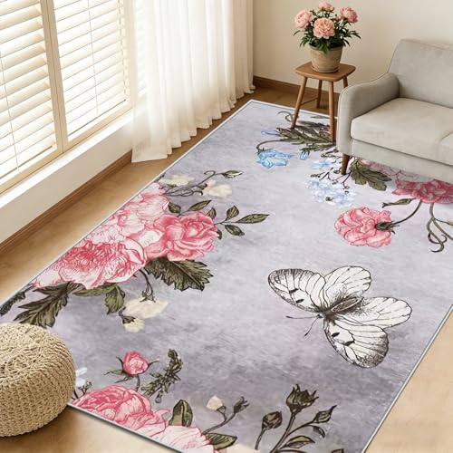 Image of FTCJWL Vintage Floral Area Rug 120x170cm Machine Washable Rugs Living Room Boho Soft Non Slip Ultra Thin Indoor Floor Carpet for Girls Bedroom,Kitchen,Entryway, Lounge,Home Decor Pink Gray