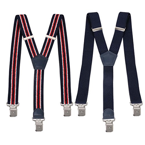 Bundle Monster Mens 2pc Heavy Duty Y-Back Adjustable Suspenders - blue/stripes