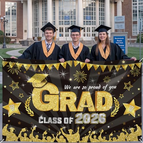 Image of Graduation Decorations, Graduation Banner 2026, Black and Gold Congrats Grad Banner, Large Class of 2026 Grad Sign, We Are So Proud of You Party Backdrop for Yard Wall Door Party Decoration 180*110cm