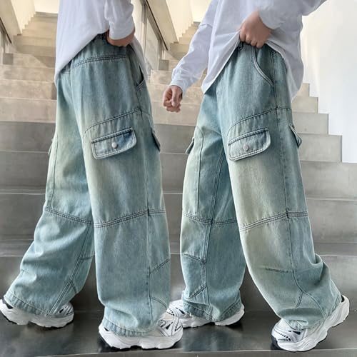 Loose Cargo Jeans for Kids Boys Wide Leg Straight Vintage Summer Casual Denim Pants Youth Boys Cool Relaxed Trousers3