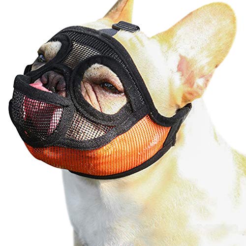 YUESEN Short Snout Dog Muzzle - Adjustable Breathable Mesh Bulldog Muzzle with Tongue Out Design for Barking Biting Chewing Training (XS, Orange)