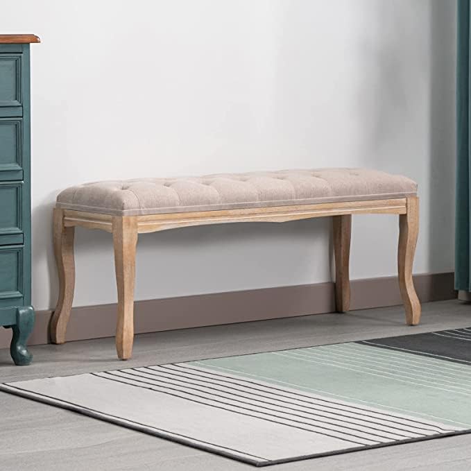 Mjkone Banco de entrada, taburete tapizado de lino, taburete otomano de pie para pie de cama, banco de dormitorio otomano para zapatos, otomana de