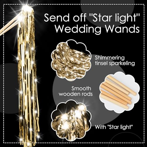 Image of Simgoing 100 Pcs Lighted Wedding Wands LED Tinsel Wands Light up Streamers Sparklers for Wedding Send Off and Exits Birthday Party Props Favors(Champagne)