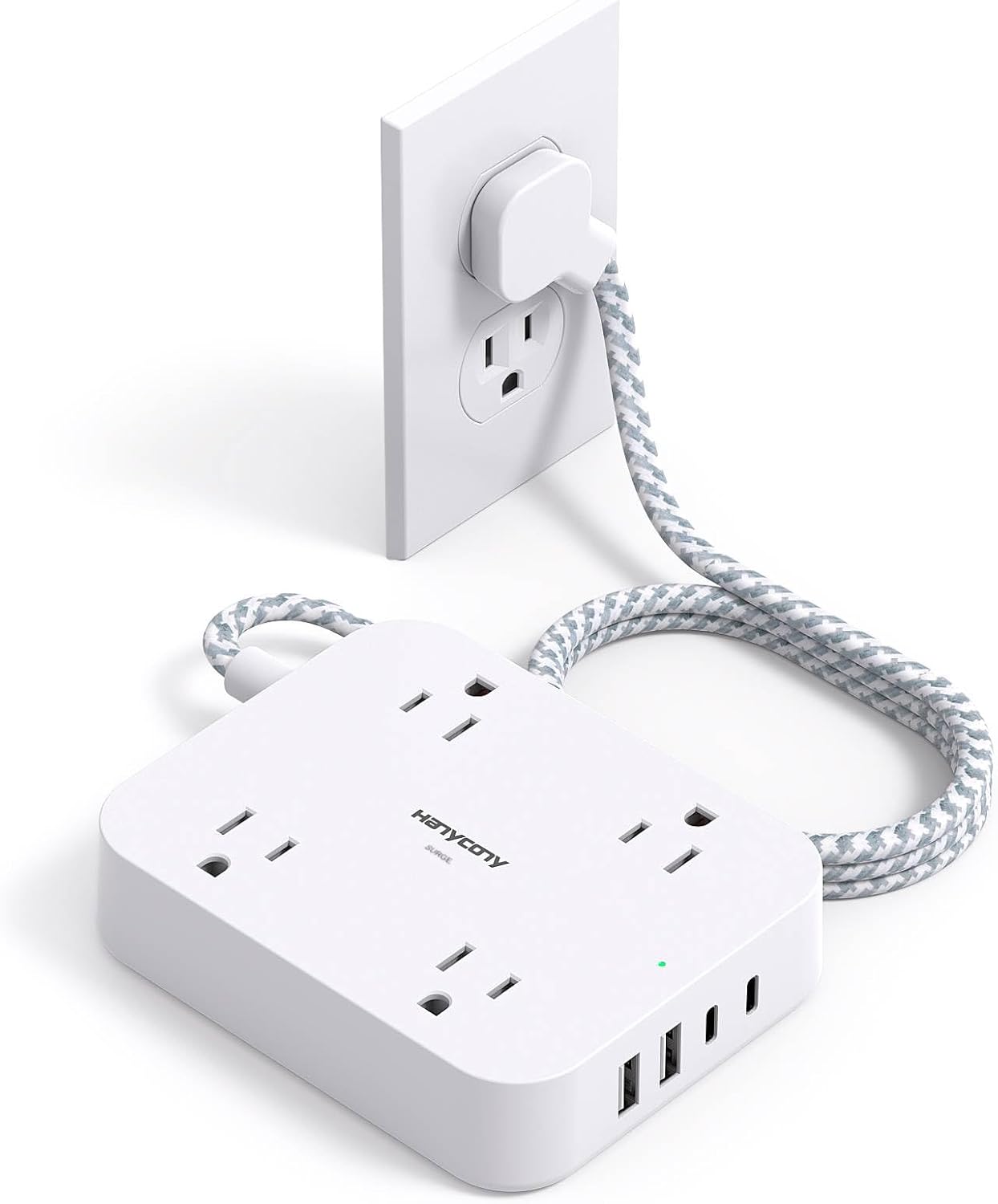 Surge Protector Power Strip, HANYCONY 5Ft Extension Cord with 4 USB Ports(2 USB C), 4 Widely Outlets Extender, Wall Mount, Desk Charging Station for Office School Travel College Dorm Room Essentials