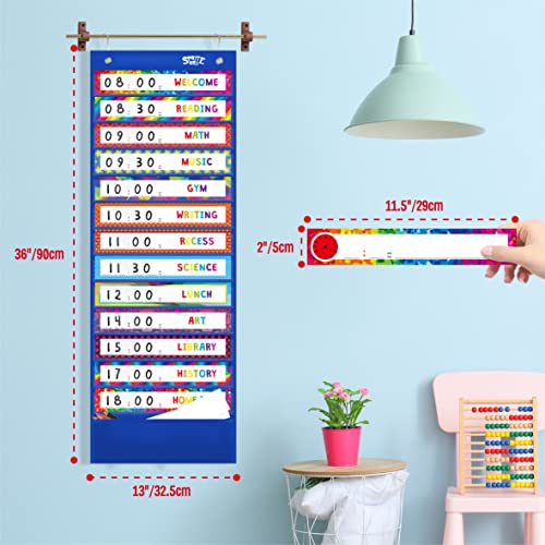 Daily Schedule Pocket Chart, Class Schedule With 13+1 Pockets, 26 Cards (13 Double Sided Printed Cards + 13 Blank Reusable Cards) Plus 2 Over Door Hangers For Classroom Home Preschool (13” X 36”) #TOP2