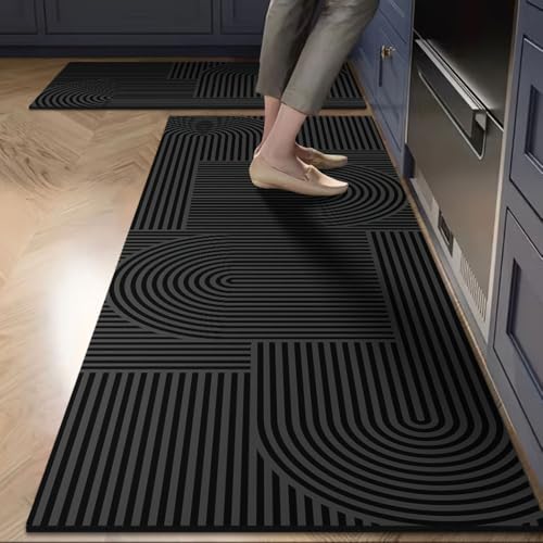 Hixingo Tapis Cuisine Long Antidérapant, Lavable Absorbant Diatomite Cuisine Devant Evier Tapis de Bain Vaisselle Douche, Motifs Tissés (Noir,40x120cm)