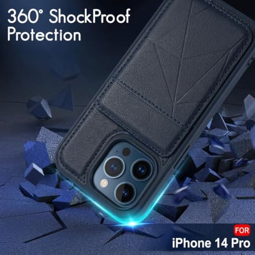 Image of amazon basics Premium Vegan Leather Back Cover with Card Holder and Integrated Mobile Stand for iPhone 14 Pro - Slim Shockproof Wallet Case with Geometric Stitching [Blue]