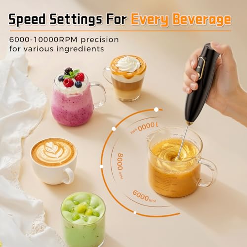 Image of Rechargeable Milk Frother Wand with Stand, Electric Handheld Coffee Frother with 3 Detachable Whisks, Travel Milk Foamer for Protein Powder, Drinks, Espumador de Leche Electrico