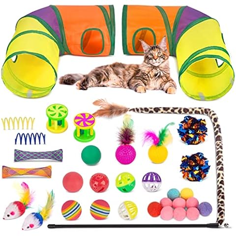 Retro Shaw Cat Toys for Indoor Cats 33 Pack,Kitten Toy Interactive Cat Feather Toy,Collapsible Cat Tunnel Tube Tent,Cat Springs Bell Rainbow Ball Crinkle Toy Mice Toy Pompom Ball Kitty Chase Exercise Cover