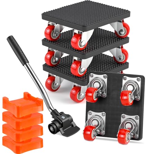 Qingning Kit de Roulettes de Transport pour Meubles, avec 4 Roues Pivotantes à 360° et 1 Lève-Charge pour Meubles Lourds, Charge Maximale 500 kg